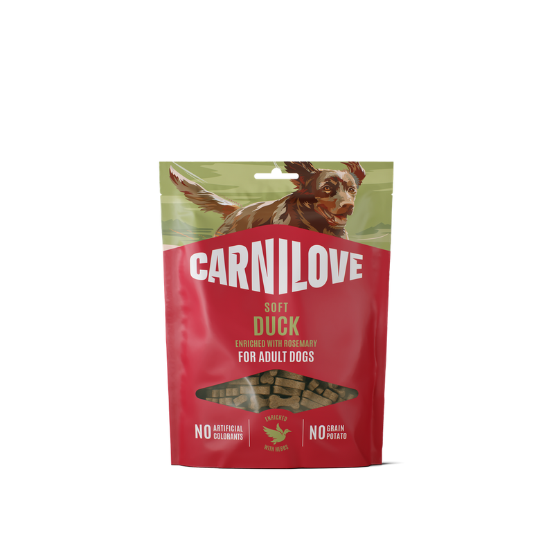 Carnilove Duck enriched with Rosemary soft snack for dogs 200g pouch, front
