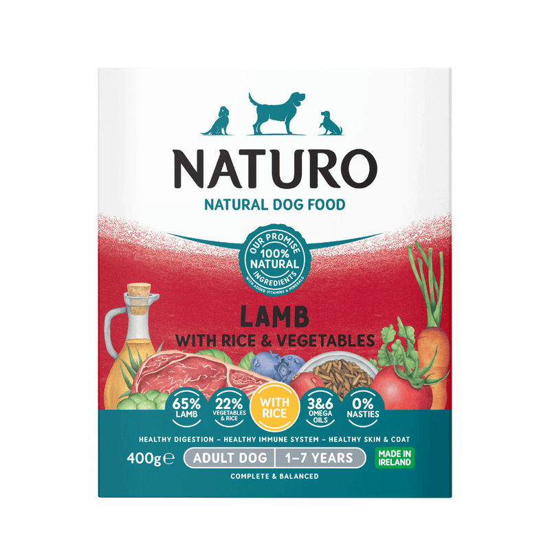 Naturo Adult Lamb with Rice & Vegetables 400g wet dog food tray, front of pack