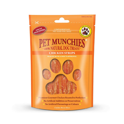 Pet Munchies Chicken Strips dog treats 90g pack, front