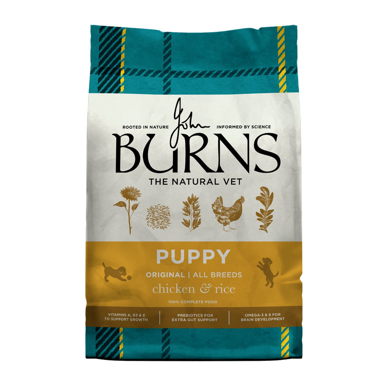Burns Puppy Original Chicken & Rice dry dog food, front of pack (new Burns packaging)