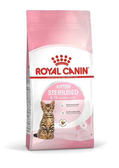 Royal Canin Kitten Sterilised dry cat food bag, front of pack, for neutered kittens 6 to 12 months