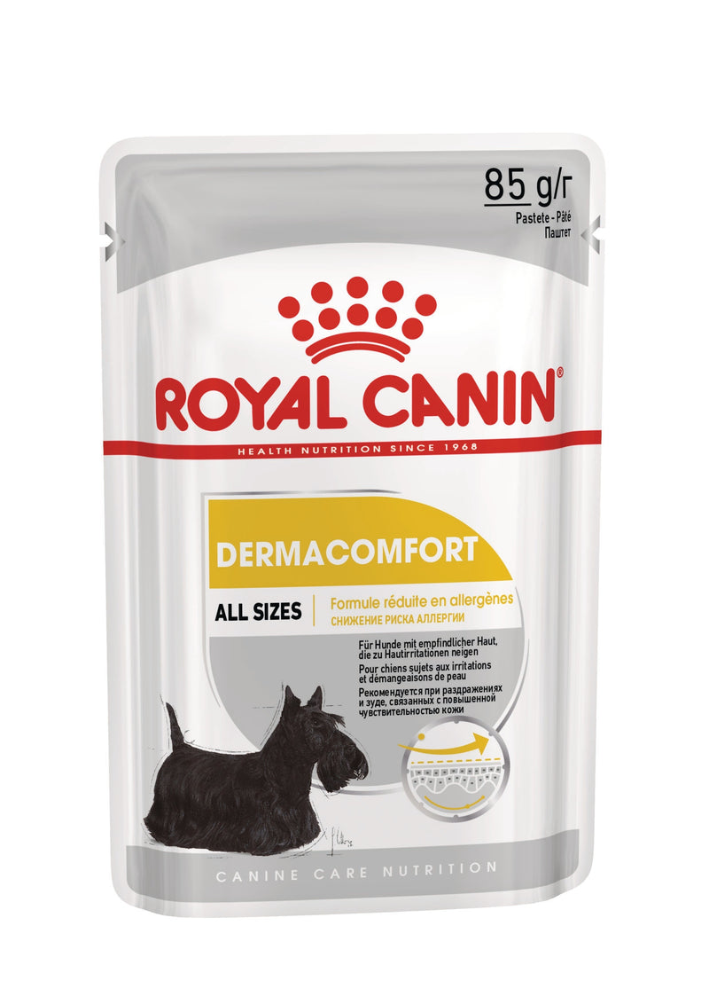Royal Canin Dermacomfort Care Loaf 85g wet dog food pouch front, all sizes