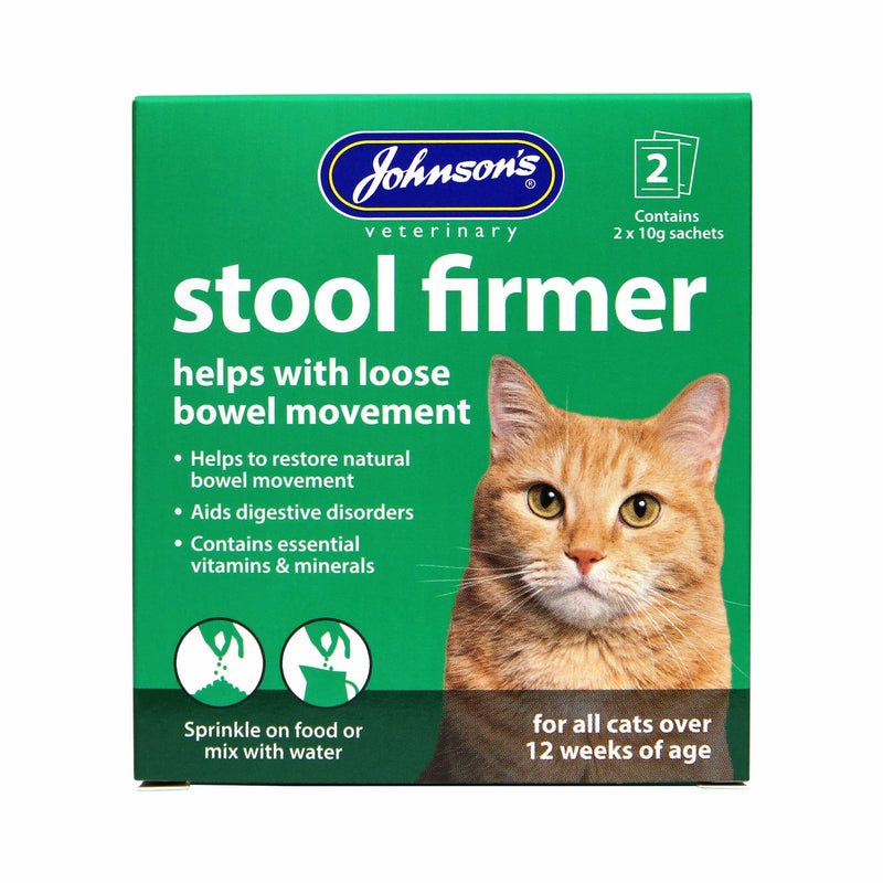 Johnson's Stool Firmer for Cats, front of box, 2 x 10g sachets