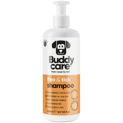 Buddycare Flea and Tick Dog Shampoo 500ml pump bottle, front