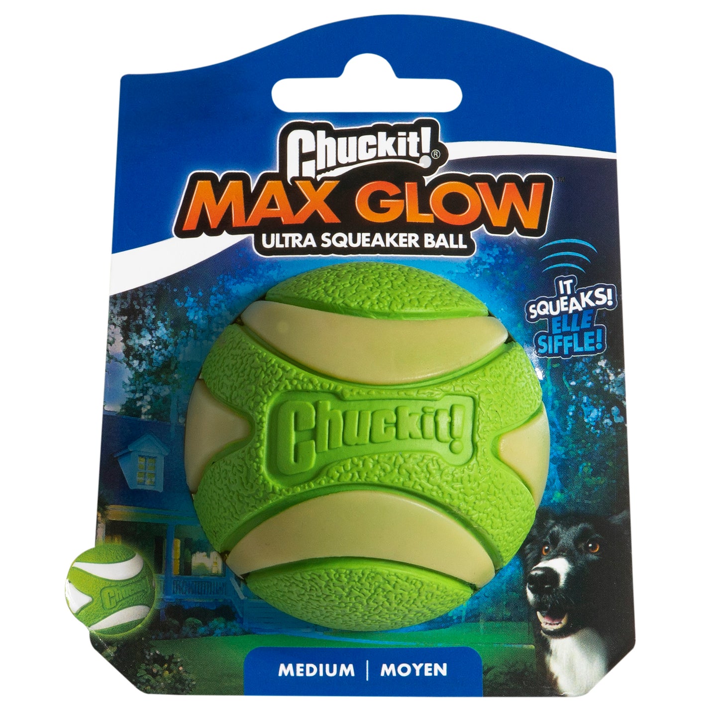 Chuckit! Max Glow Ultra Squeaker Ball Medium Fetch Dog Toy