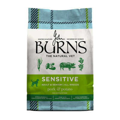 Burns Sensitive Pork and Potato 2kg adult and senior dog food bag, new pack design, front