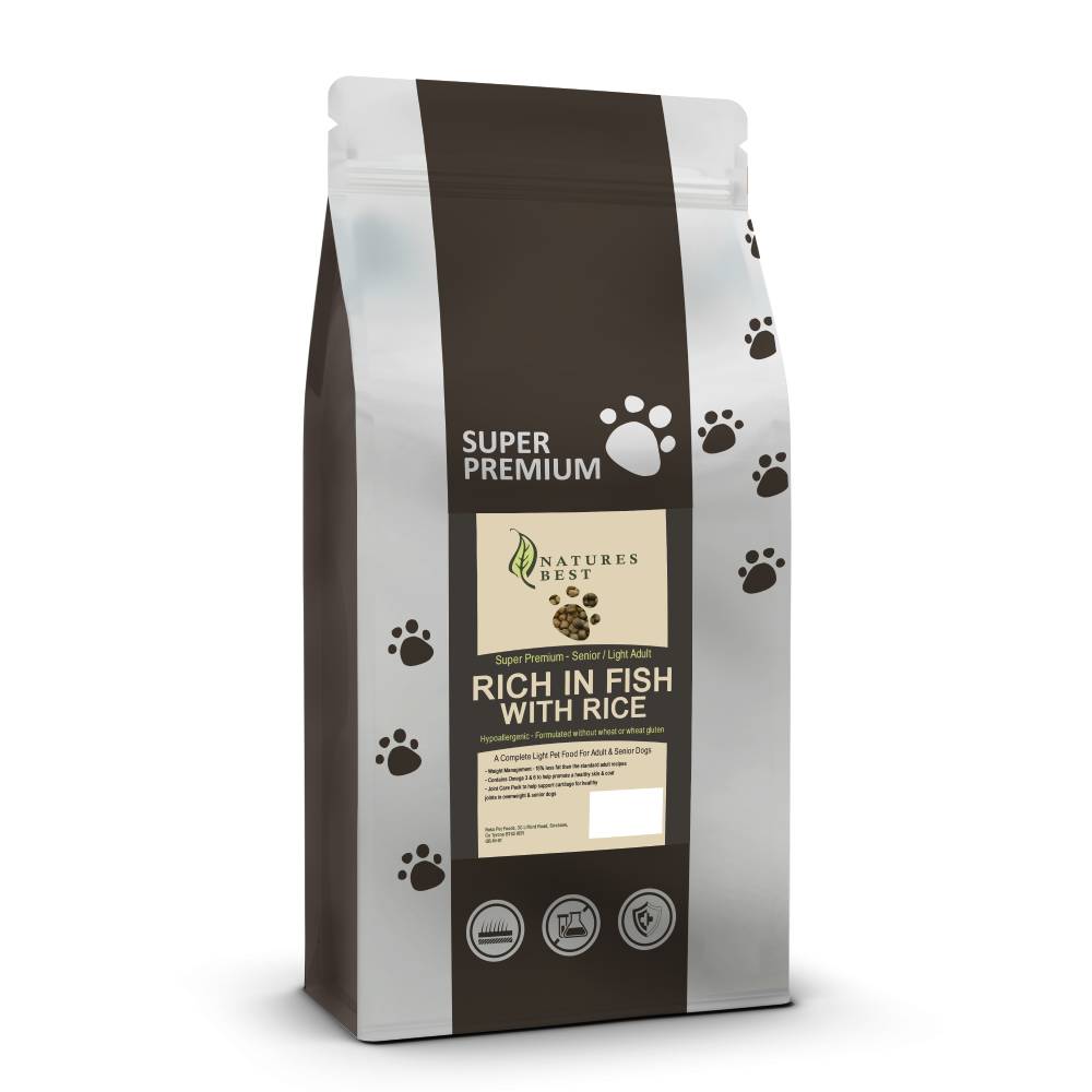 super premium light dog food fish in rice.