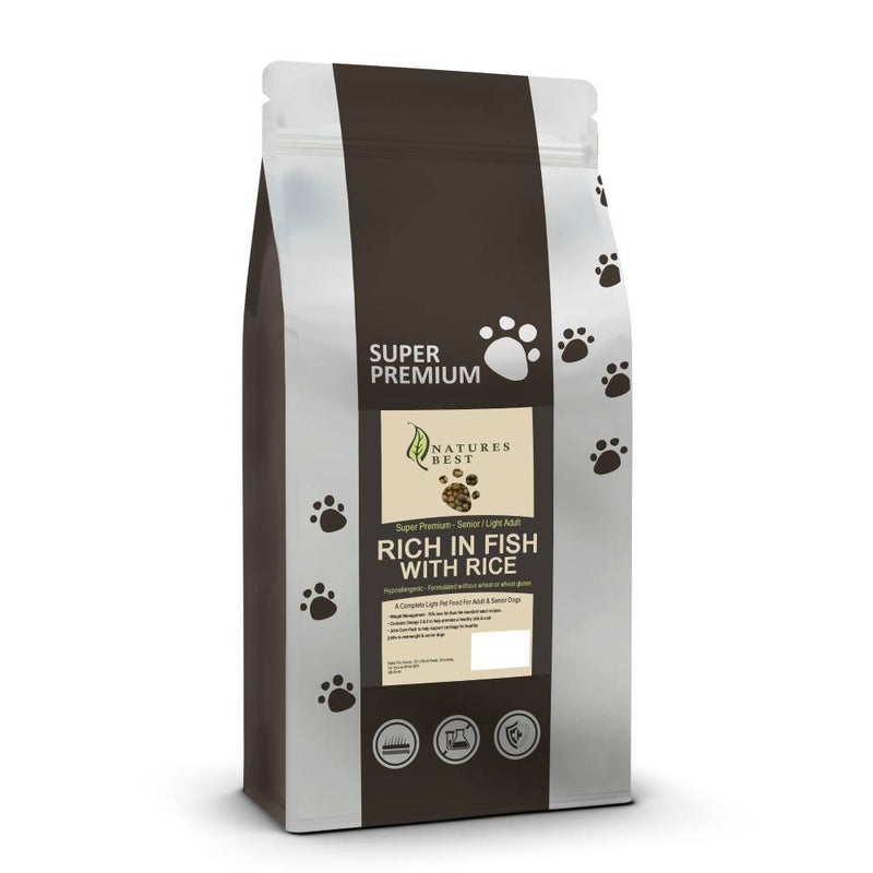 super premium light dog food fish in rice.
