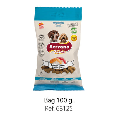 Serrano Snacks Salmon and Tuna dog treats, 100g bag in the current blue pack design