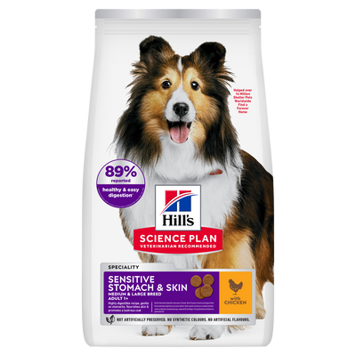 Hill's Science Plan Sensitive Stomach & Skin Medium & Large Breed Adult Dog Food with Chicken 14kg, front of bag