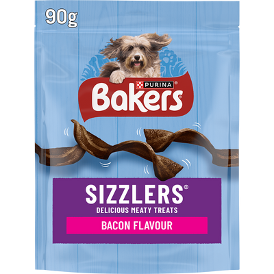 Bakers Sizzlers Bacon Flavour dog treats 90g pack, front