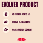 Carnilove Active Lamb and Wild Boar evolved recipe: no chicken meat and fat, 26% fresh lamb, higher protein
