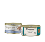Applaws Ocean Fish in Broth 70g can, previous and new pack designs side by side