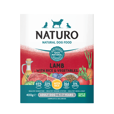 Naturo Adult Lamb with Rice & Vegetables 400g wet dog food tray, front of pack