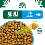 James Wellbeloved Adult Fish and Rice kibble in a bowl, 13mm new shape kibble