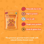 Pet Munchies Chicken Strips benefits: naturally low in fat, high in protein, low in salt, single source protein, grain and gluten free