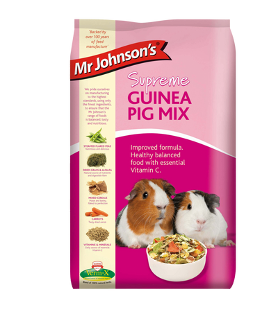 Mr Johnson's Supreme Guinea Pig Mix bag front showing two guinea pigs and a bowl of mix