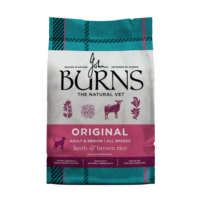 Burns Original Lamb & Brown Rice Adult & Senior dry dog food, front of pack (new Burns packaging)