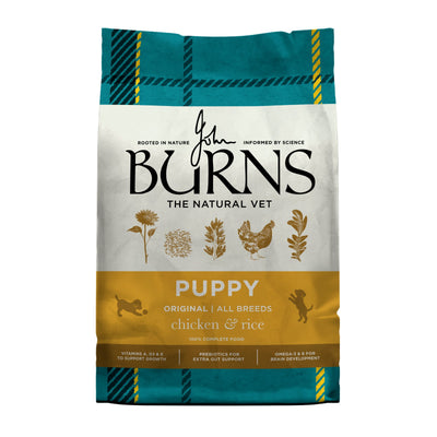 Burns Puppy Original Chicken & Rice dry dog food, front of pack (new Burns packaging)