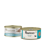 Applaws Tuna Fillet in Broth 156g can in the current cream label, shown beside the previous label design
