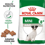Royal Canin Mini Adult 8+ bag with key benefits: vitality support, adapted kibble size