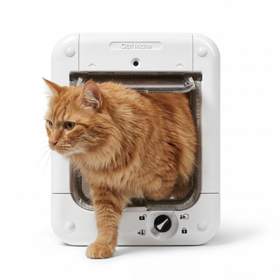Cat Mate Microchip Cat Flap 360 White with ginger cat coming through