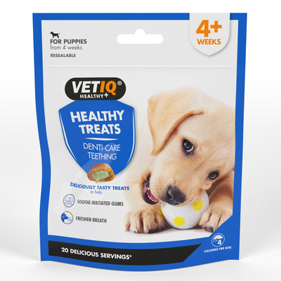 VETIQ Healthy Treats Denti-Care Teething for Puppies 50g pouch, front of pack, for puppies from 4 weeks