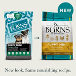 Burns Puppy Mini previous pack and new pack design side by side: new look, same recipe