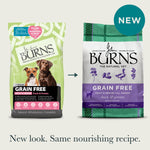 Burns Sensitive Grain Free Duck and Potato old pack beside new Grain Free pack: new look, same recipe
