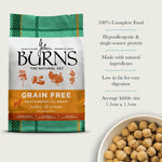 Burns Grain Free Turkey & Potato key benefits: complete food, hypoallergenic single protein, low in fat, kibble 1.1cm