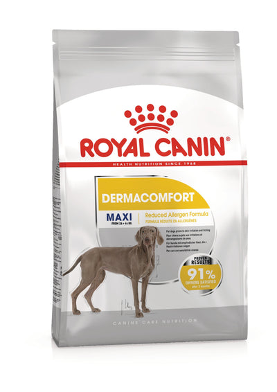 Royal Canin Maxi Dermacomfort dry dog food 12kg bag, front of pack