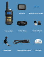 PawGuard T721 what's in the box: transmitter, receiver, collar strap, buckle, contact points, neck strap, USB cable and test light