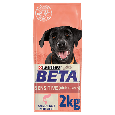 Purina Beta Sensitive Adult 1+ years with Salmon dry dog food 2kg bag, front of pack