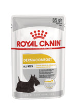 Royal Canin Dermacomfort Care Loaf 85g wet dog food pouch front, all sizes