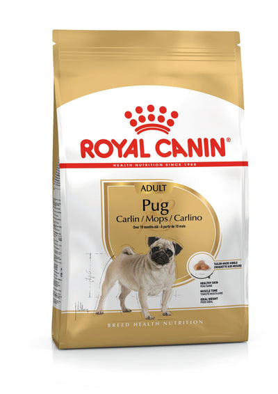Royal Canin Pug Adult dry dog food bag, front of pack