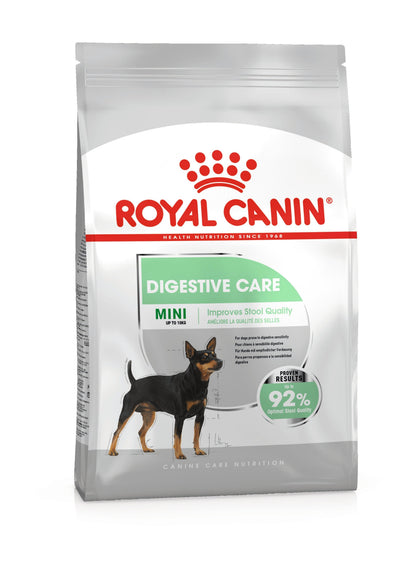 Royal Canin Mini Digestive Care dry dog food bag for small dogs, front of pack