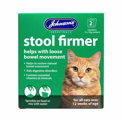 Johnson's Stool Firmer for Cats, front of box, 2 x 10g sachets