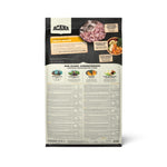 Acana Puppy Recipe dog food bag, back of pack with ingredients and Acana commitments