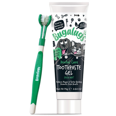 Bugalugs Toothpaste Gel 75g with Triple Headed Toothbrush for Dogs and Cats