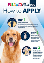 How to apply Fleaway Plus Spot-On to a dog in three steps: snap the tip, part the coat at the base of the neck, squeeze onto the skin in one spot