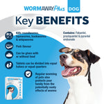 Wormaway Plus for dogs key benefits: kills roundworms, tapeworms, hookworms and whipworms, pork flavour, can be given with or without food, tablets divide into halves or quarters