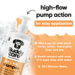 Buddycare Flea and Tick Shampoo pump action bottle and directions, 20:1 dilution ratio