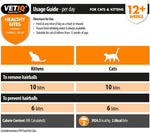 VetIQ Healthy Bites Hairball Relief usage guide: 10 bites a day to remove hairballs, 6 bites a day to prevent them