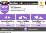 VETIQ Serene Calming for Puppies usage guide: 2 treats under 2.5kg, 4 treats 2.5kg to 5kg, 7 treats 5kg to 10kg per day