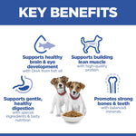 Hill's Science Plan Small & Mini Puppy key benefits: brain and eye development, lean muscle, gentle digestion, strong bones and teeth