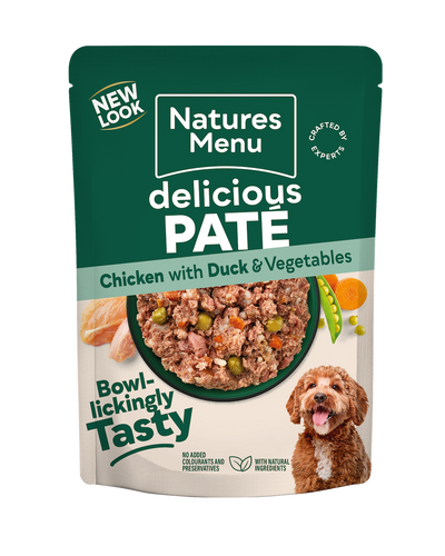 Natures Menu Delicious Pâté Chicken with Duck and Vegetables 300g dog food pouch, front of pack