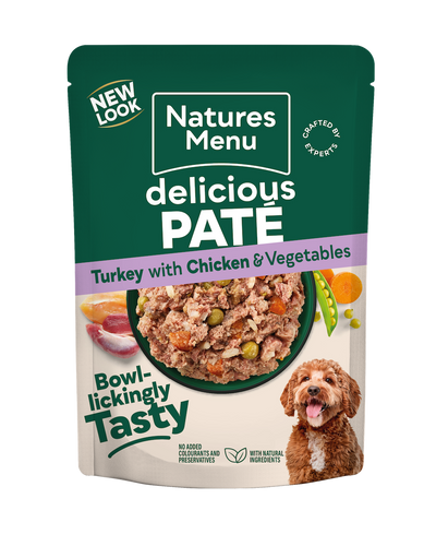 Natures Menu Delicious Pâté Turkey with Chicken and Vegetables 300g dog food pouch, front of pack