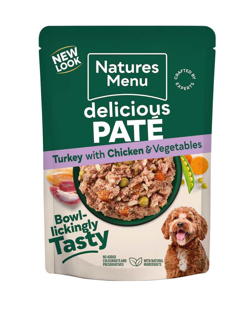 Natures Menu Delicious Pâté Turkey with Chicken and Vegetables 300g dog food pouch, front of pack