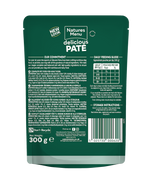 Natures Menu Turkey with Chicken 300g pouch, back of pack with composition and daily feeding guide