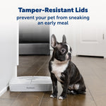 Dog sitting beside the PetSafe 2 Meal Pet Feeder with tamper-resistant lids closed